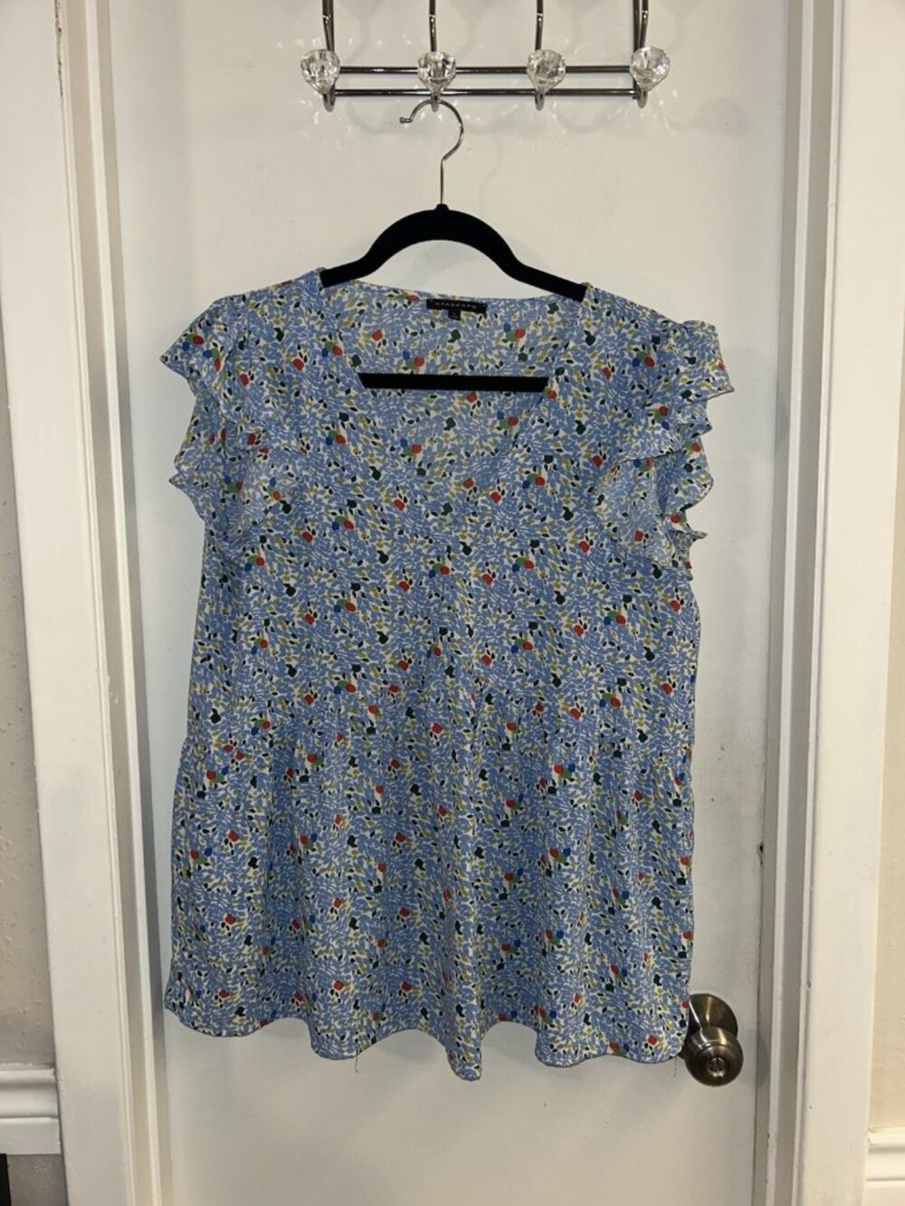 Staccato Blue Floral V-Neck Boho Cottagecore Flutter Sleeve Babydoll Top Large - Picture 2 of 6